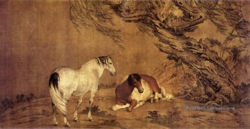  chevaux Peintre - Lang brillant 2 Chevaux sous saule ombre traditionnelle